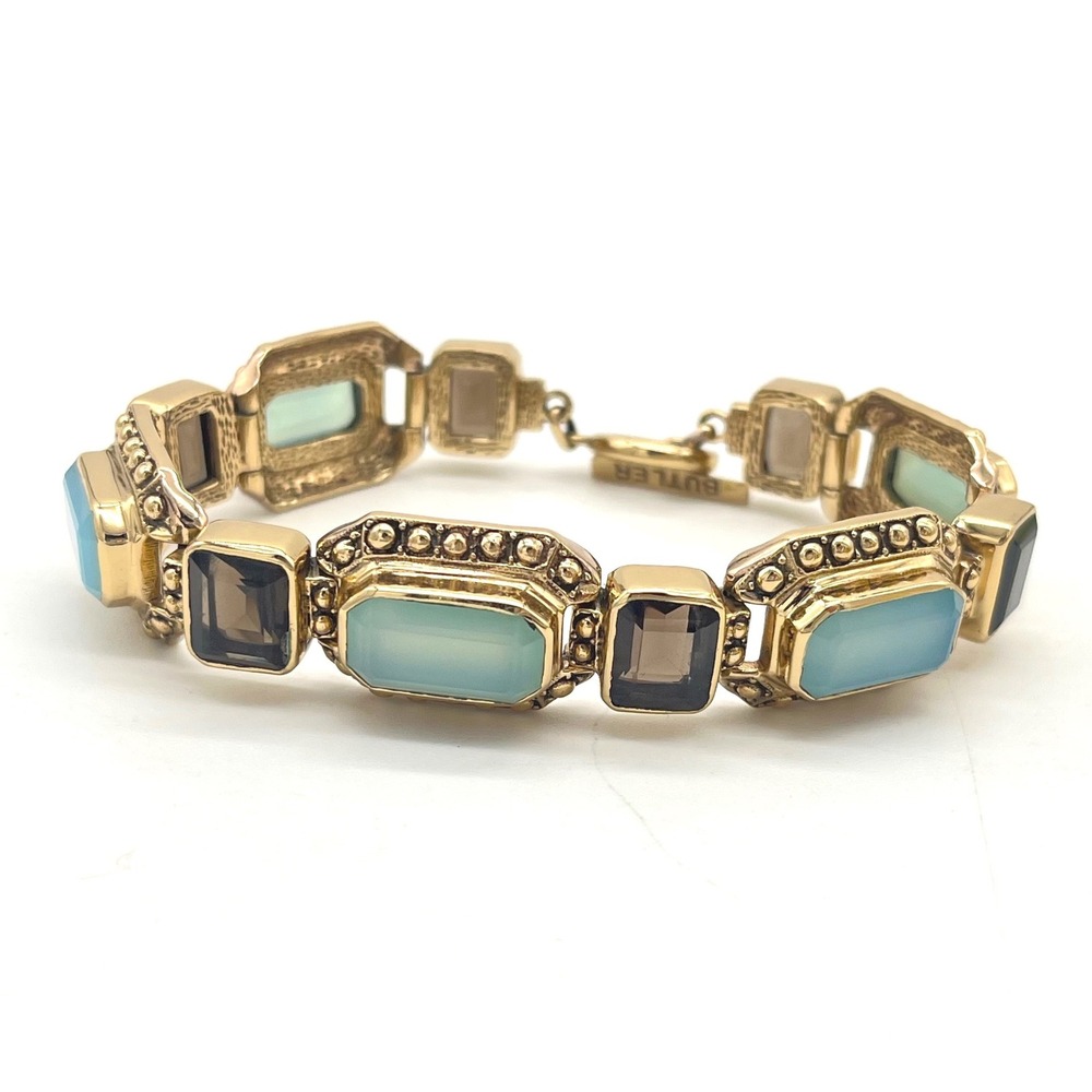 Nicky Butler Gold Tone Aquamarine Chalcedony Smoky Quartz Toggle Link Bracelet